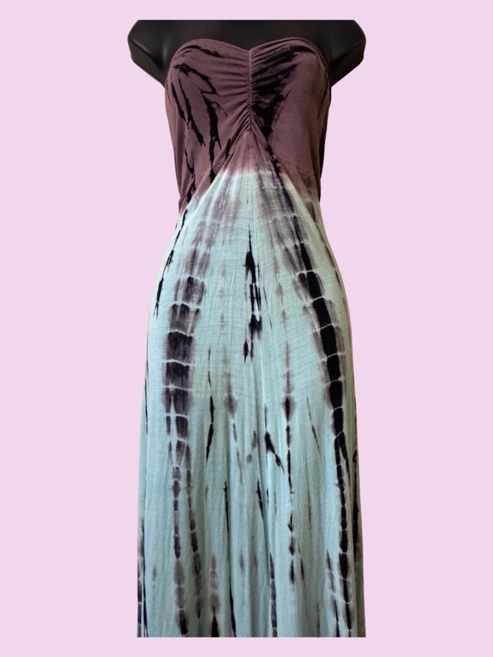 Tie-dye tube top style maxi dress with mocha, blue/green, and indigo design. 🌀